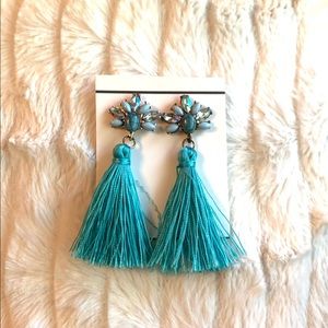 Turquoise Tassel and Jeweled Earrings